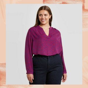 NWT Ava & Viv Purple Print Long Sleeve Blouse